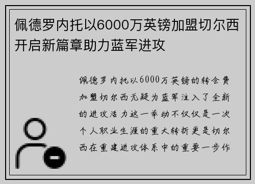 佩德罗内托以6000万英镑加盟切尔西开启新篇章助力蓝军进攻