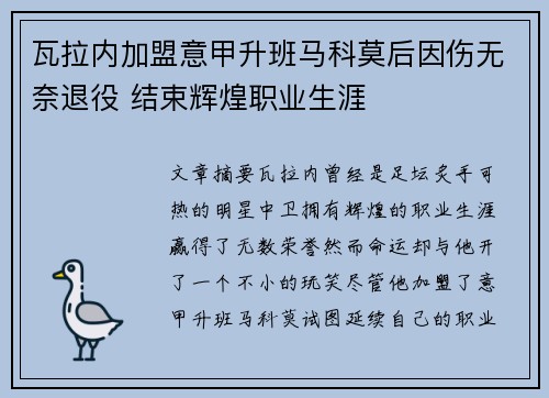 瓦拉内加盟意甲升班马科莫后因伤无奈退役 结束辉煌职业生涯