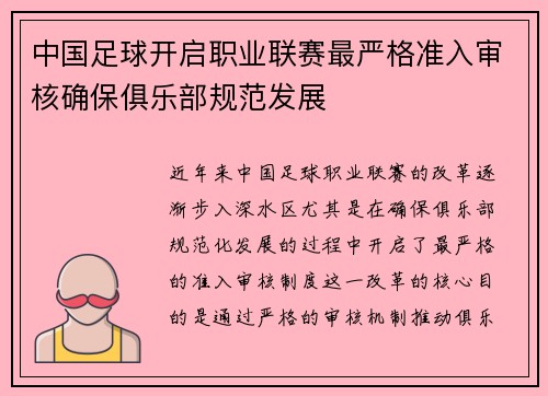 中国足球开启职业联赛最严格准入审核确保俱乐部规范发展